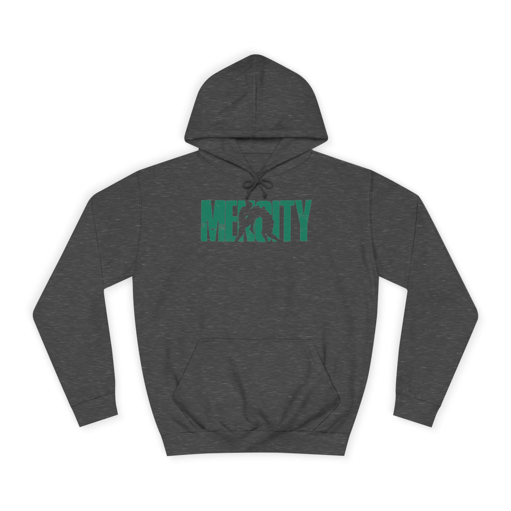 Charcoal Mencity Fight Camp Hoodie, front view, with the green fighter wordmark printed across the chest