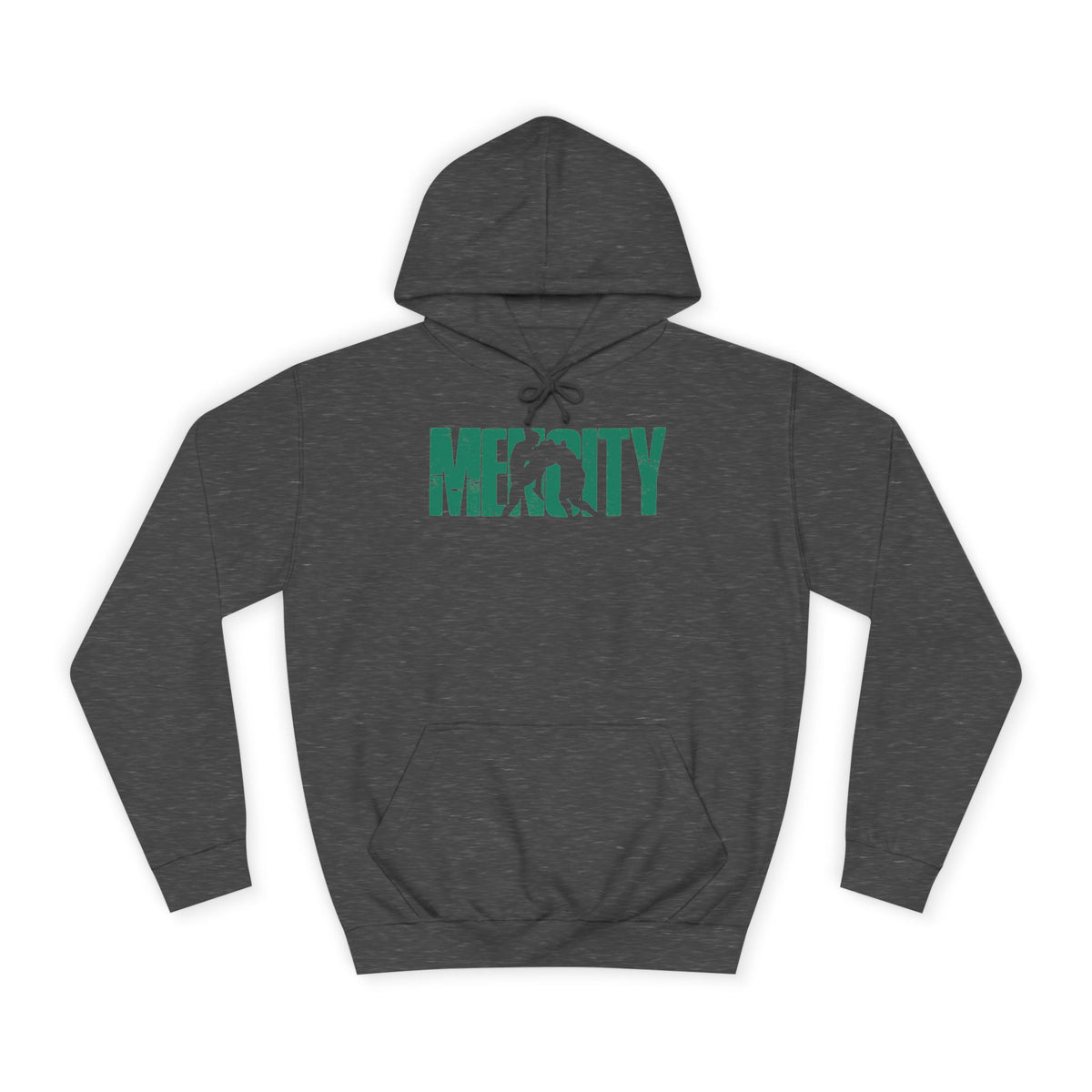 Charcoal Mencity Fight Camp Hoodie, front view, with the green fighter wordmark printed across the chest