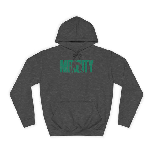 Charcoal Mencity Fight Camp Hoodie, front view, with the green fighter wordmark printed across the chest