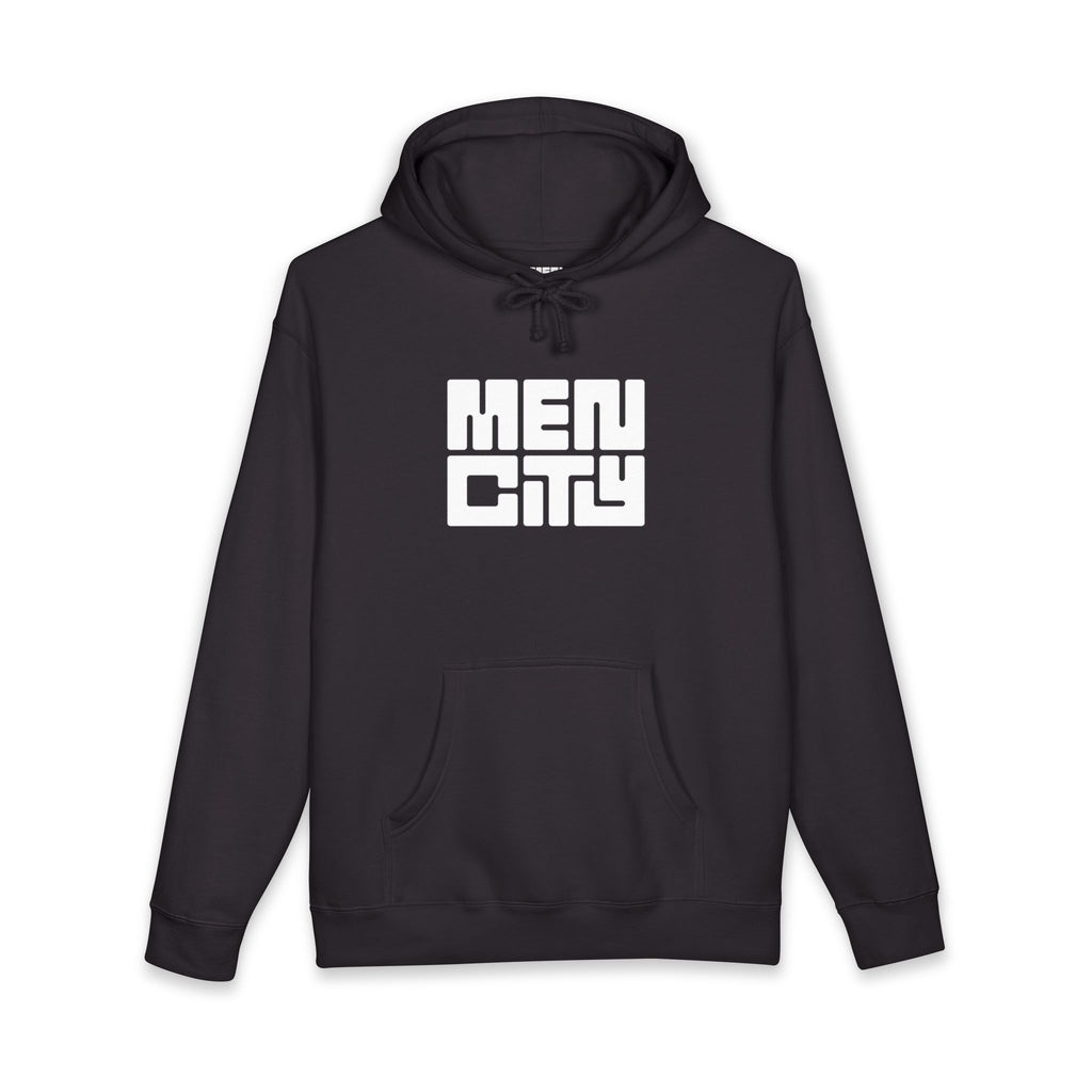 Black Mencity gym hoodie, front view, with white MEN CITY block logo on the chest