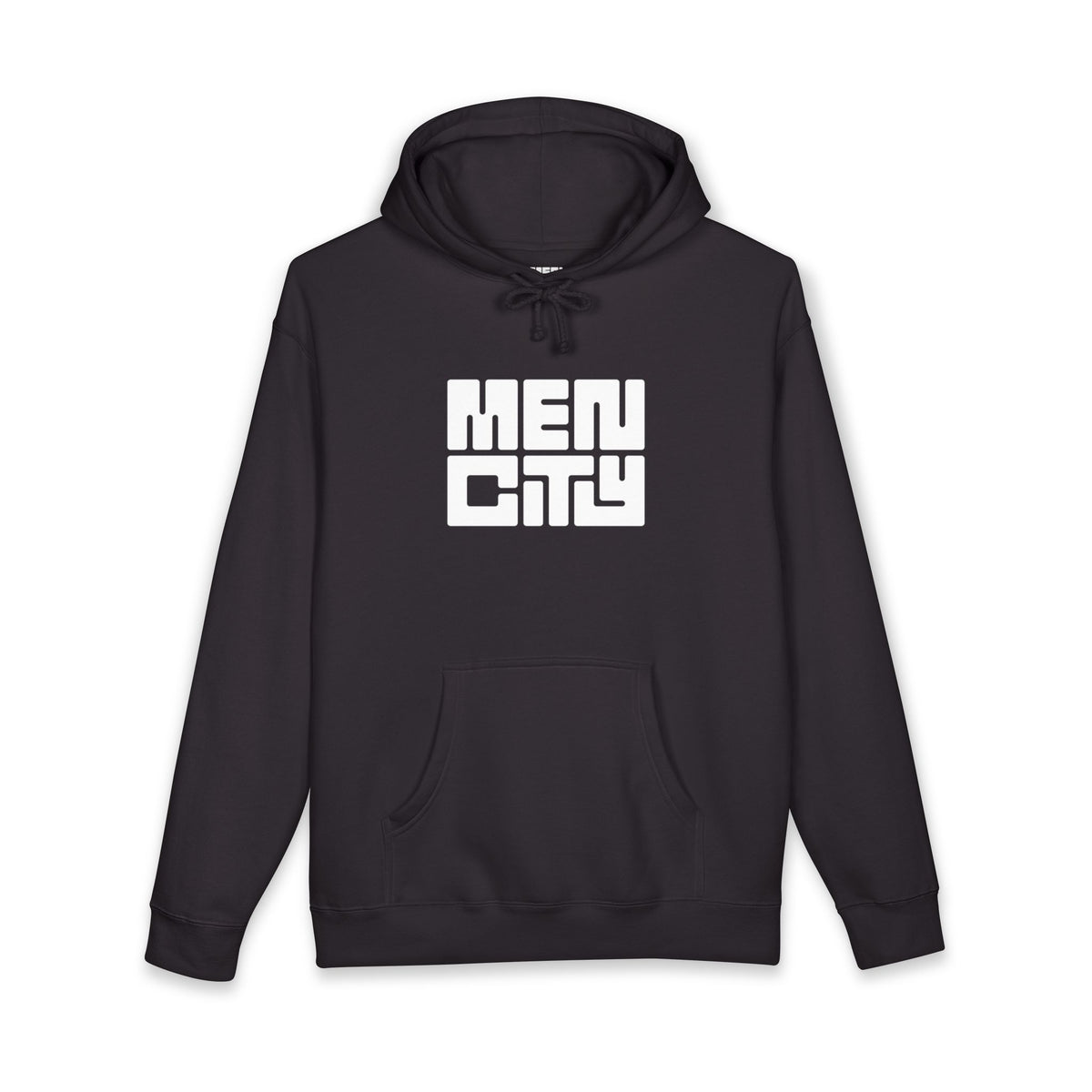 Black Mencity gym hoodie, front view, with white MEN CITY block logo on the chest