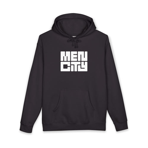 Black Mencity gym hoodie, front view, with white MEN CITY block logo on the chest