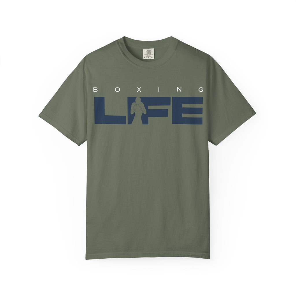 Moss green Mencity Boxing Life t-shirt, front view, with navy LIFE graphic and a boxer in the lettering