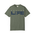Moss green Mencity Boxing Life t-shirt, front view, with navy LIFE graphic and a boxer in the lettering