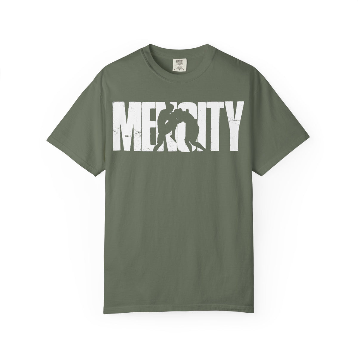Moss green Mencity Fighter gym t-shirt, front view, with white MENCITY wordmark and boxer silhouette
