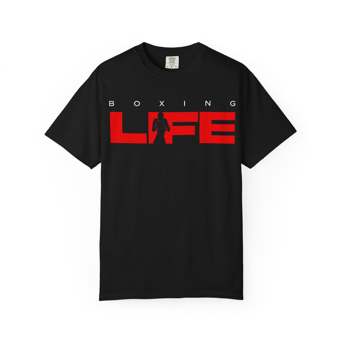 Black Mencity Boxing Life t-shirt, front view, with red LIFE graphic and a boxer in the lettering