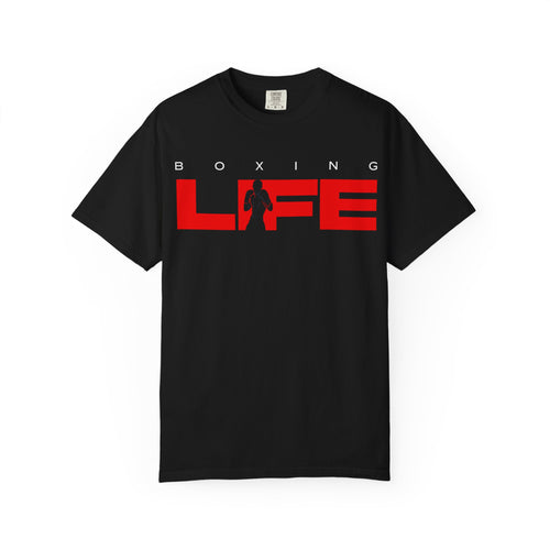 Black Mencity Boxing Life t-shirt, front view, with red LIFE graphic and a boxer in the lettering
