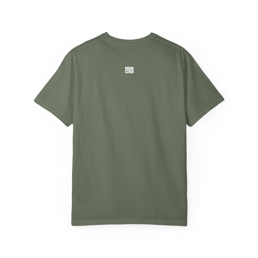 Moss green Mencity Fighter gym t-shirt, back view, with small logo below the neck