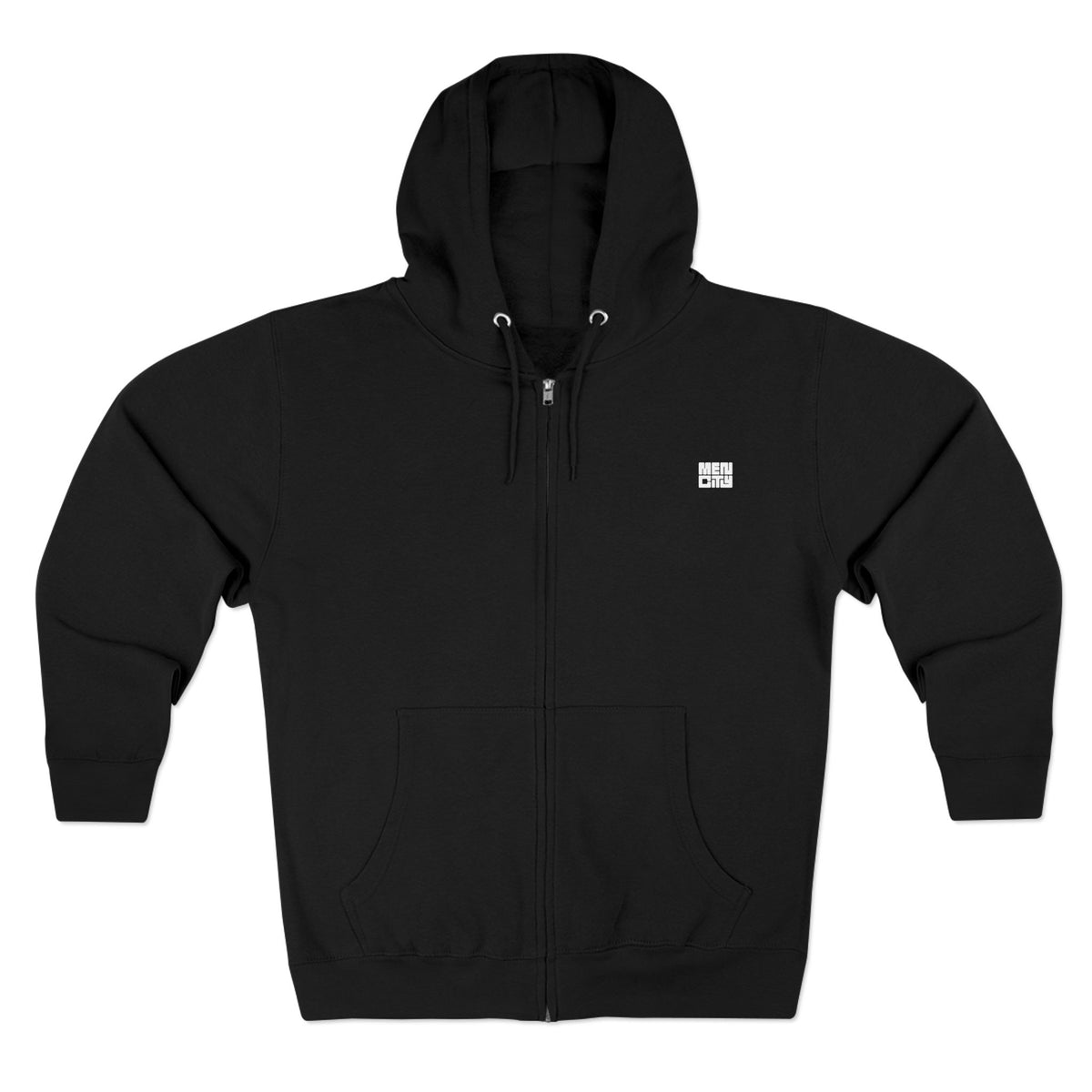 Black Mencity essential gym zip hoodie, front view, with small MEN CITY block logo on the chest