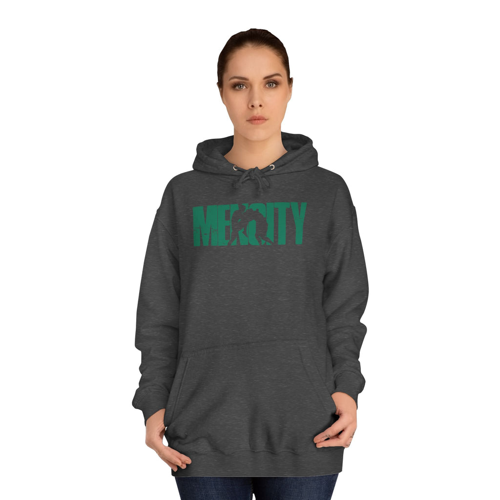 Woman wearing the Charcoal Fight Camp Hoodie, relaxed unisex fit with a kangaroo pocket