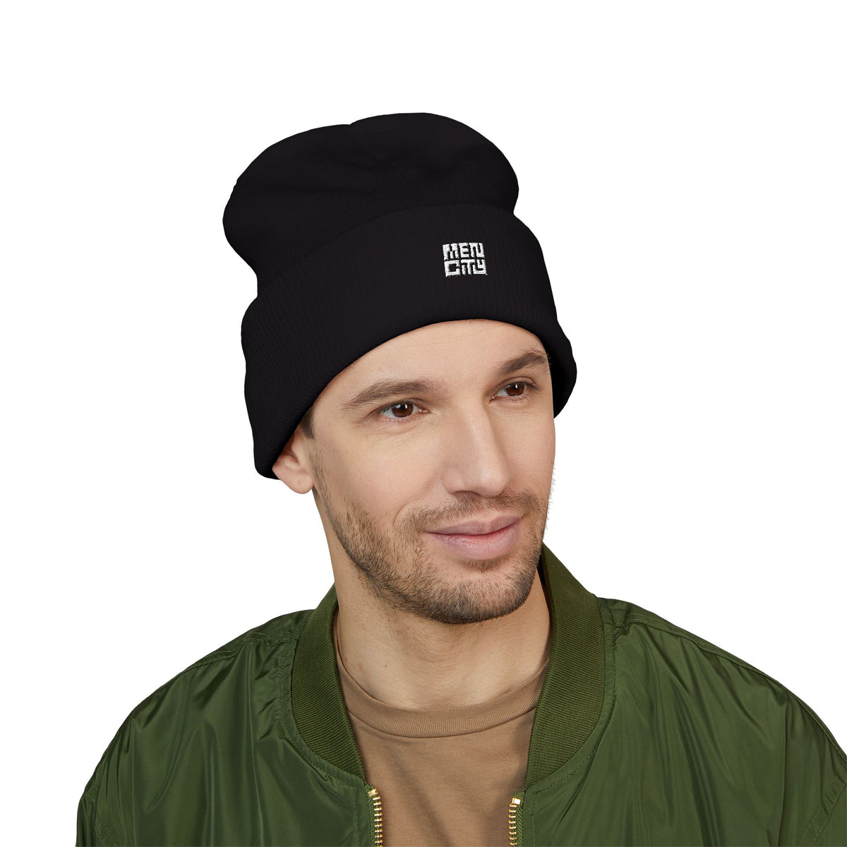 Man wearing the black Mencity cuffed beanie with embroidered logo on the cuff, with a green jacket