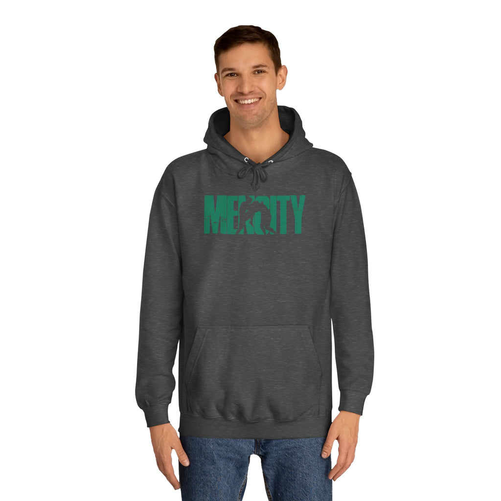 Man wearing the Charcoal Fight Camp Hoodie with the green Mencity fighter wordmark, hood down