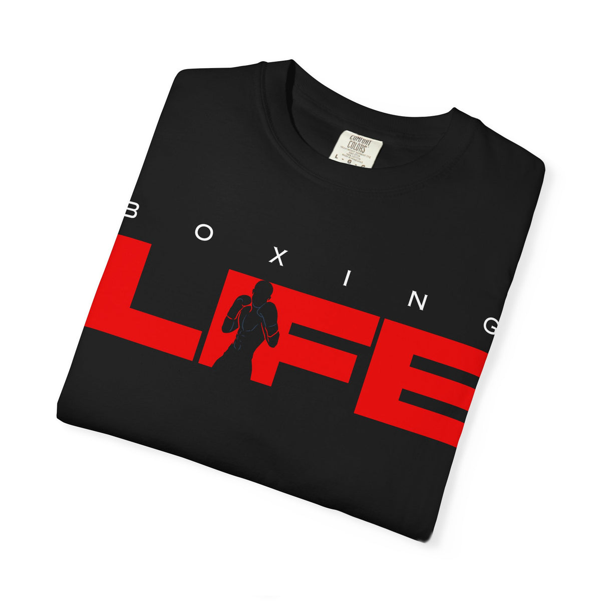 Black Mencity Boxing Life t-shirt, folded to show the red LIFE graphic