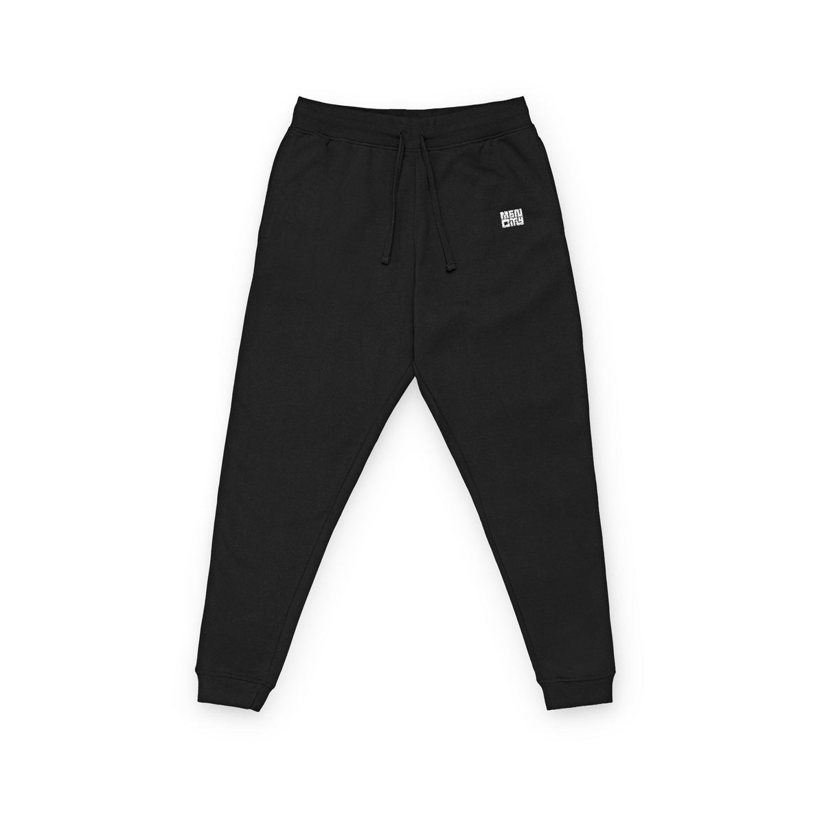 Black Mencity embroidered fleece gym joggers, front view, with drawcord and small logo label at the hip