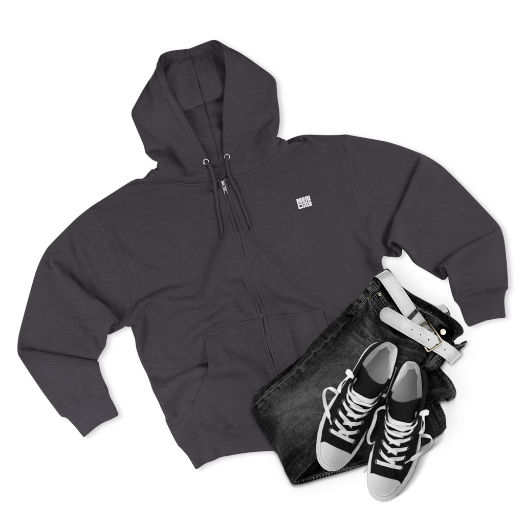 Charcoal heather Mencity essential zip hoodie in a flat lay with black jeans and black trainers