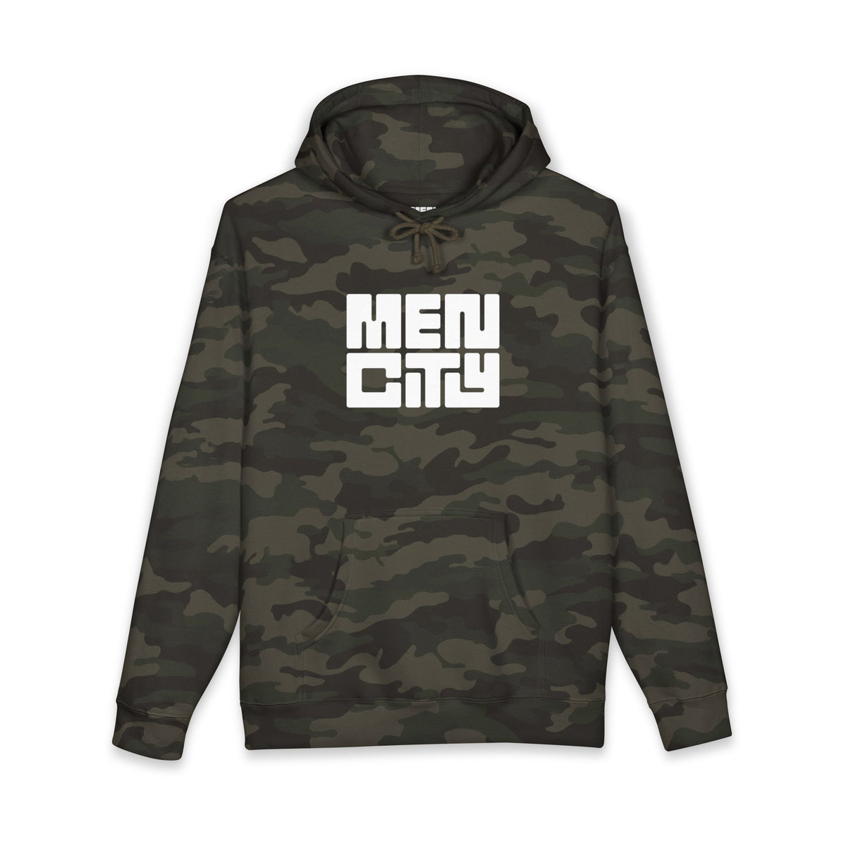 Forest camo Mencity gym hoodie, front view, with white MEN CITY block logo on the chest