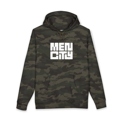 Forest camo Mencity gym hoodie, front view, with white MEN CITY block logo on the chest