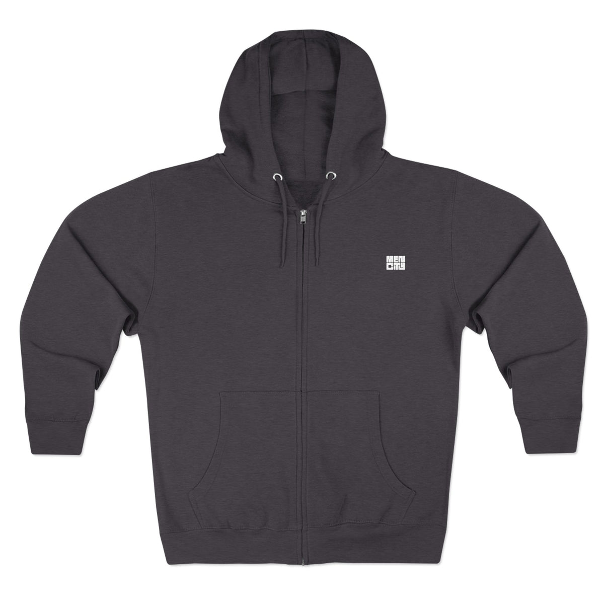 Charcoal heather Mencity essential gym zip hoodie, front view, with small MEN CITY block logo on the chest