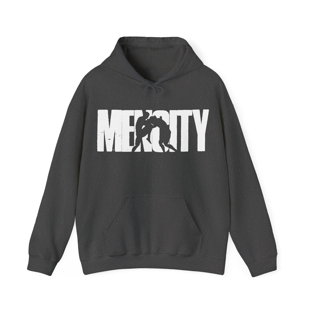 Mencity Urban Hoodie in dark heather, front with white Mencity fighter wordmark