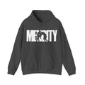 Mencity Urban Hoodie in dark heather, front with white Mencity fighter wordmark