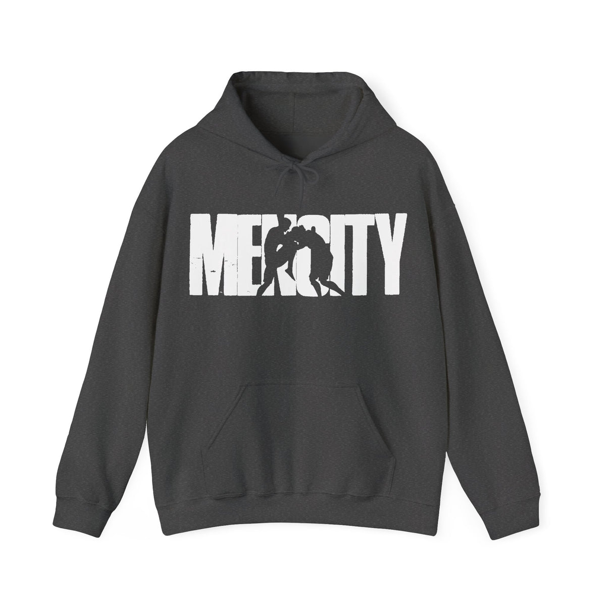 Mencity Urban Hoodie in dark heather, front with white Mencity fighter wordmark