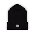 Black Mencity cuffed beanie, front view, with small white embroidered MEN CITY logo on the cuff