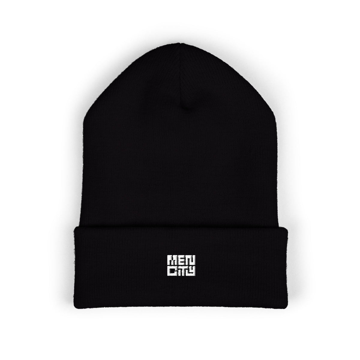 Black Mencity cuffed beanie, front view, with small white embroidered MEN CITY logo on the cuff
