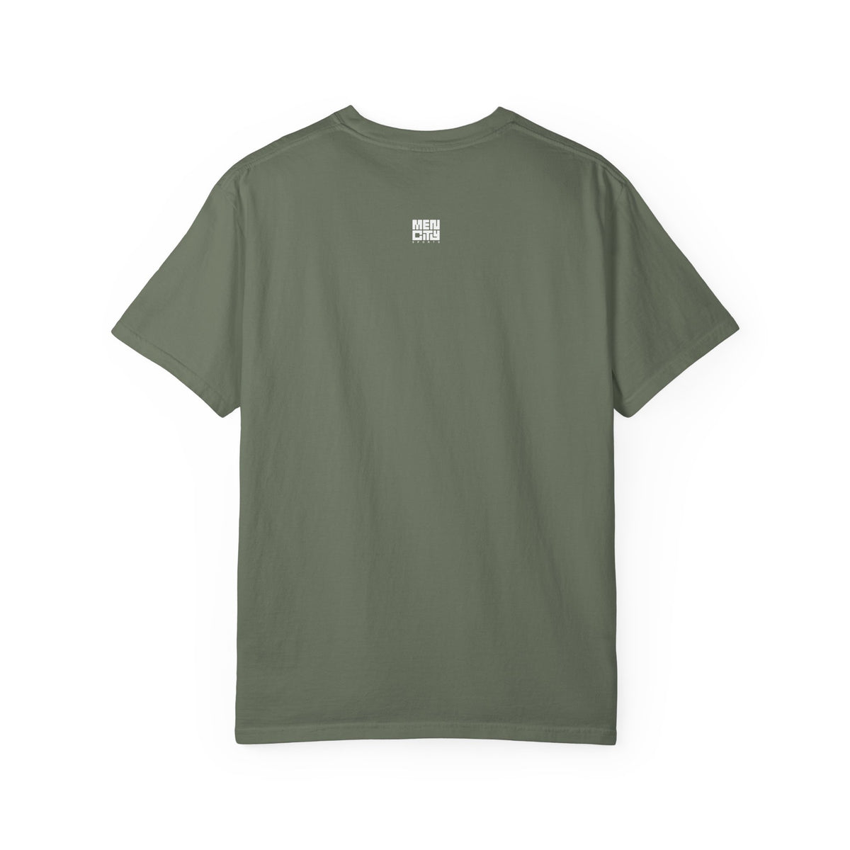 Moss green Mencity Boxing Life t-shirt, back view, with small logo below the neck