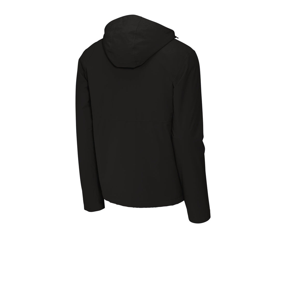 Black Mencity waterproof insulated training jacket, back three-quarter view, with hood