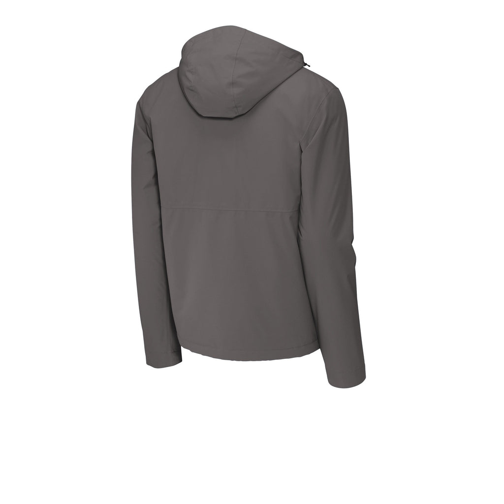 Grey Mencity waterproof insulated training jacket, back three-quarter view, with hood