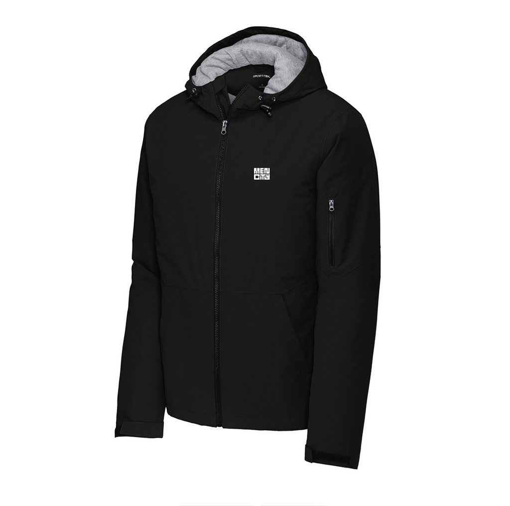 Black Mencity waterproof insulated training jacket, front view, with grey lined hood and small chest logo