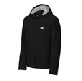 Black Mencity waterproof insulated training jacket, front view, with grey lined hood and small chest logo