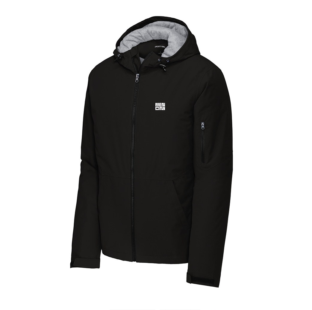Black Mencity waterproof insulated training jacket, front view, with grey lined hood and small chest logo