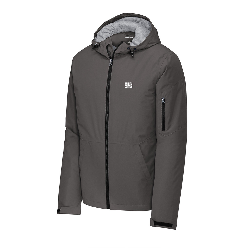 Grey Mencity waterproof insulated training jacket, front view, with grey lined hood and small chest logo