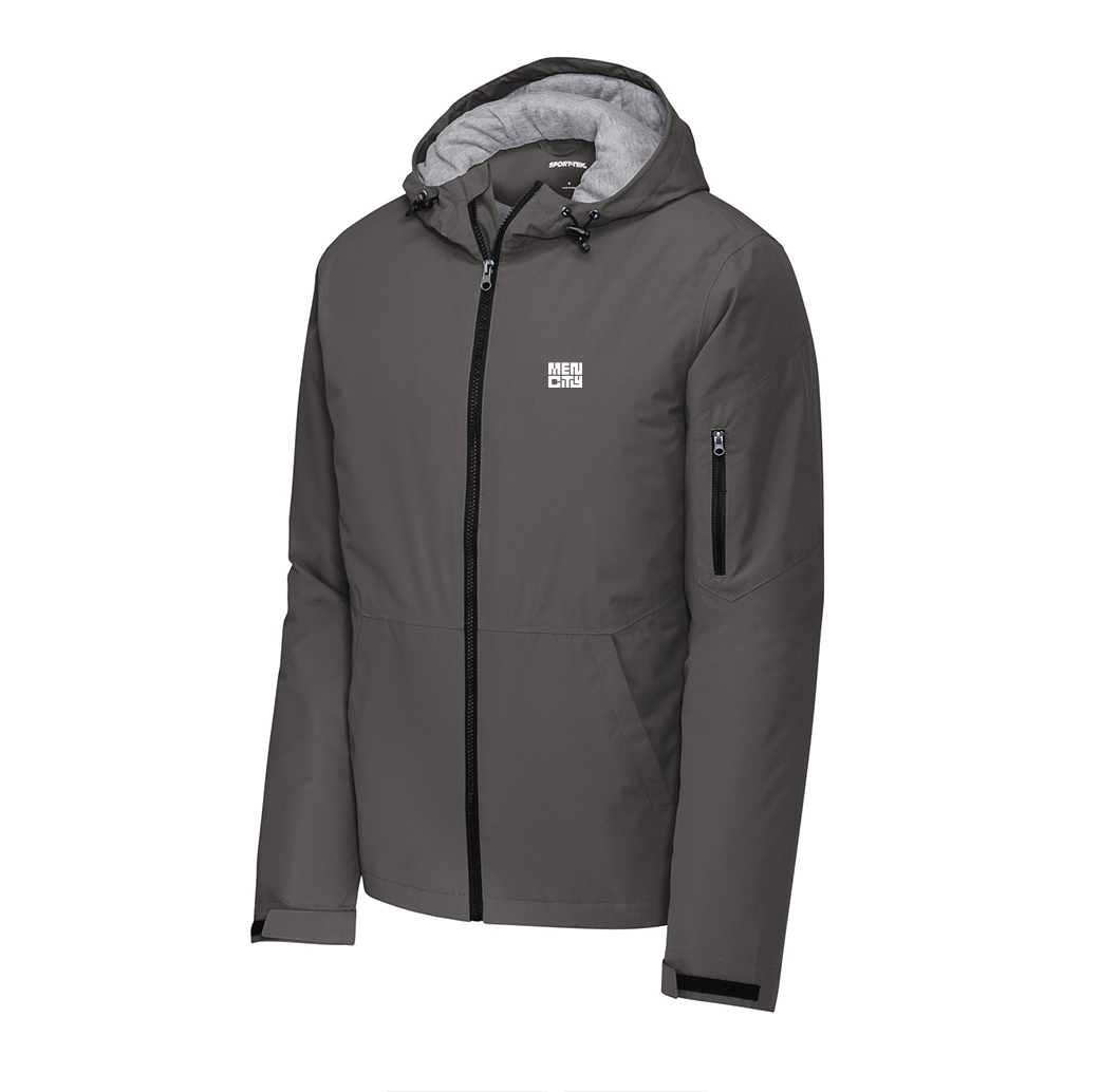 Grey Mencity waterproof insulated training jacket, front view, with grey lined hood and small chest logo